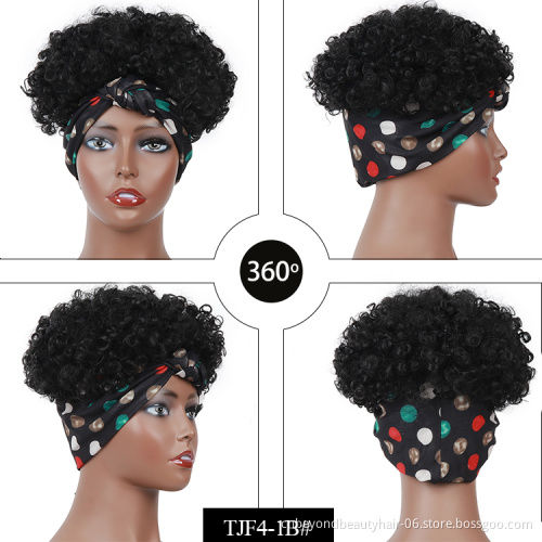 Puff Headband Wigs for Black Women 10 Inch Short Afro Kinky Curly Wrap Wig High Temperature Synthetic Afro Curly Hair Wig